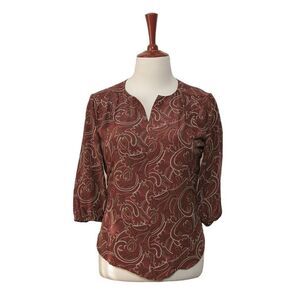 Womens Silky Blouse Red Beige Paisley 3/4 Sleeve V-Neck Relaxed Casual Top Large